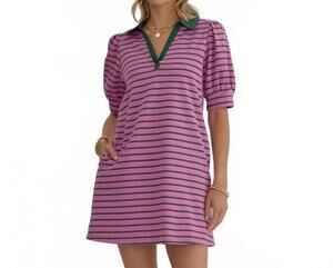 NEW STYLE USA stripe print v-neck puff sleeve collared mini dress in orchid